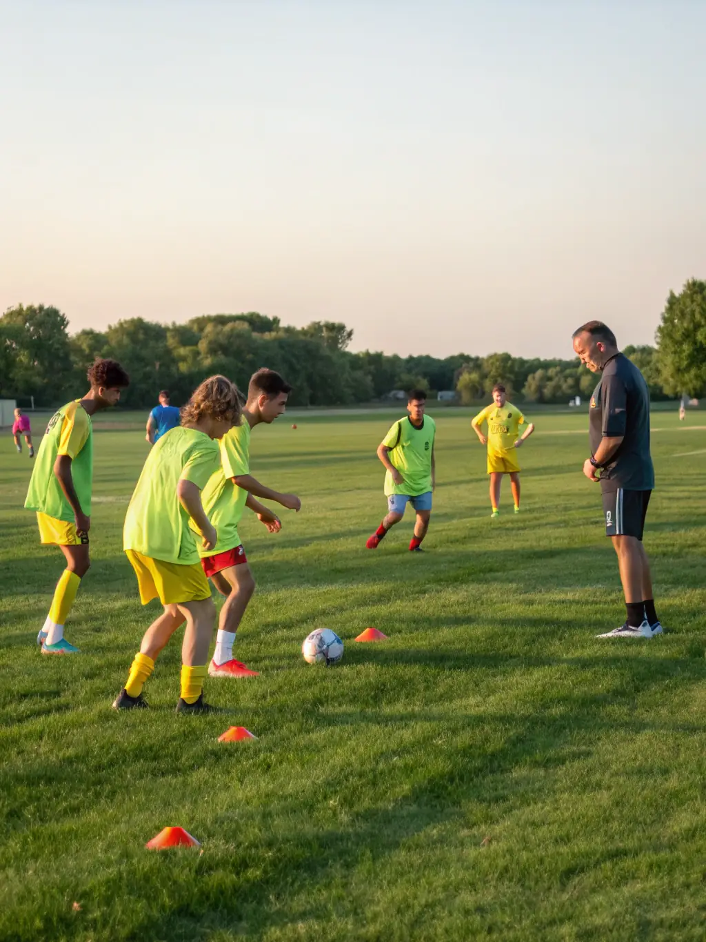 A group of young football players in UNION SPORTIVE LONZACOISE 96 training uniforms are practicing drills on a sunny field, with coaches providing guidance and encouragement.