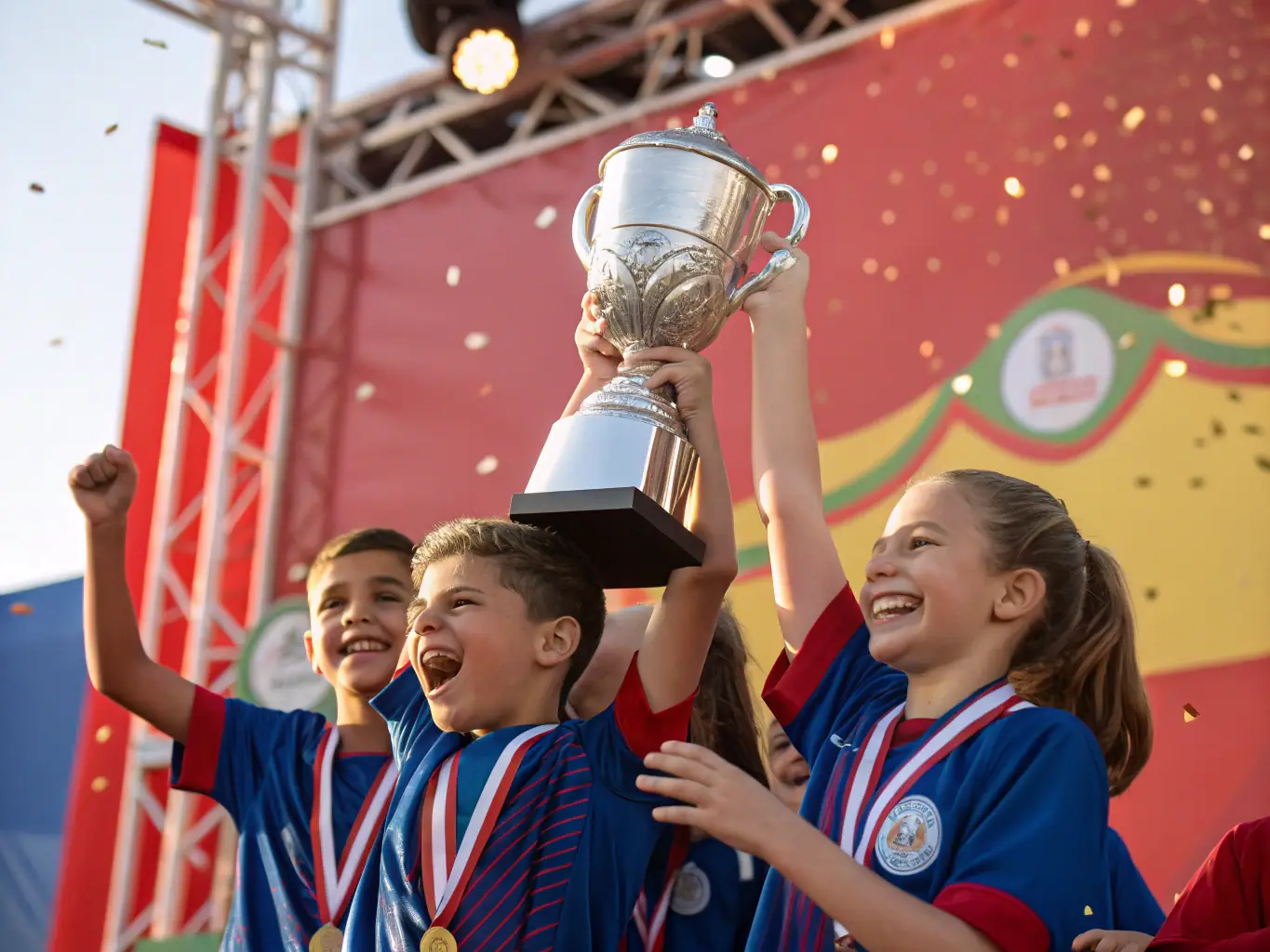 A dynamic image of teams celebrating after winning a match, with trophies and medals displayed, highlighting the Annual Football Competitions.