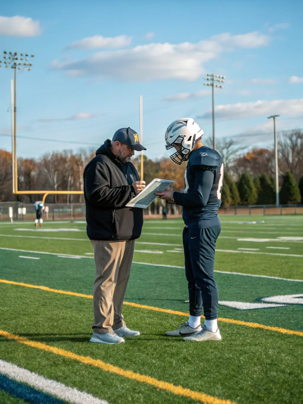 A coach providing personalized instruction to a young player during a training session, emphasizing individual skill development and encouragement.