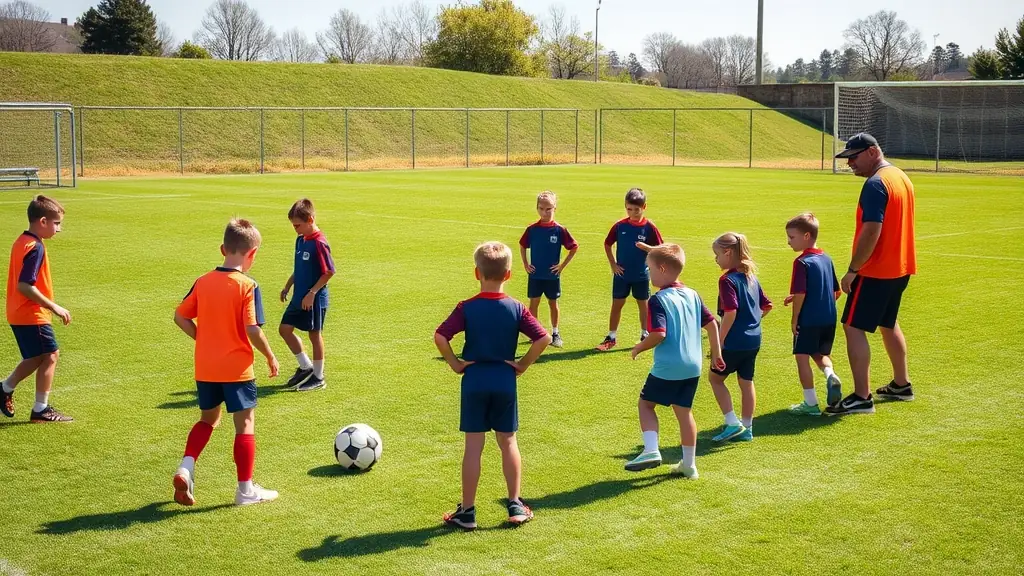 A group of young football players training on a sunny field, showcasing teamwork and discipline.