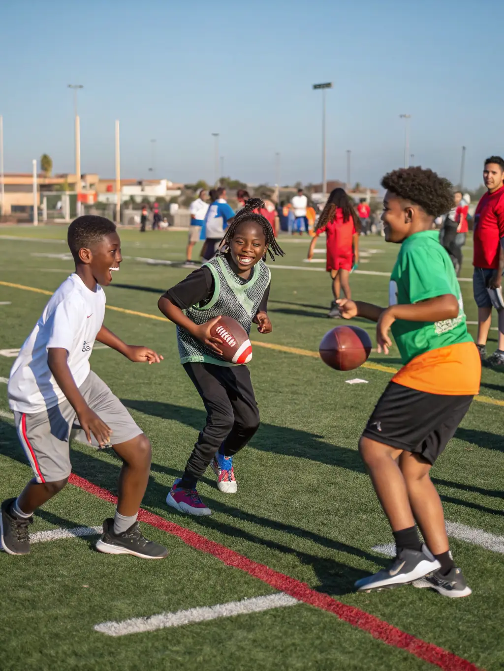 A group of young football players participating in a passing drill during a training session, focusing on teamwork and coordination.