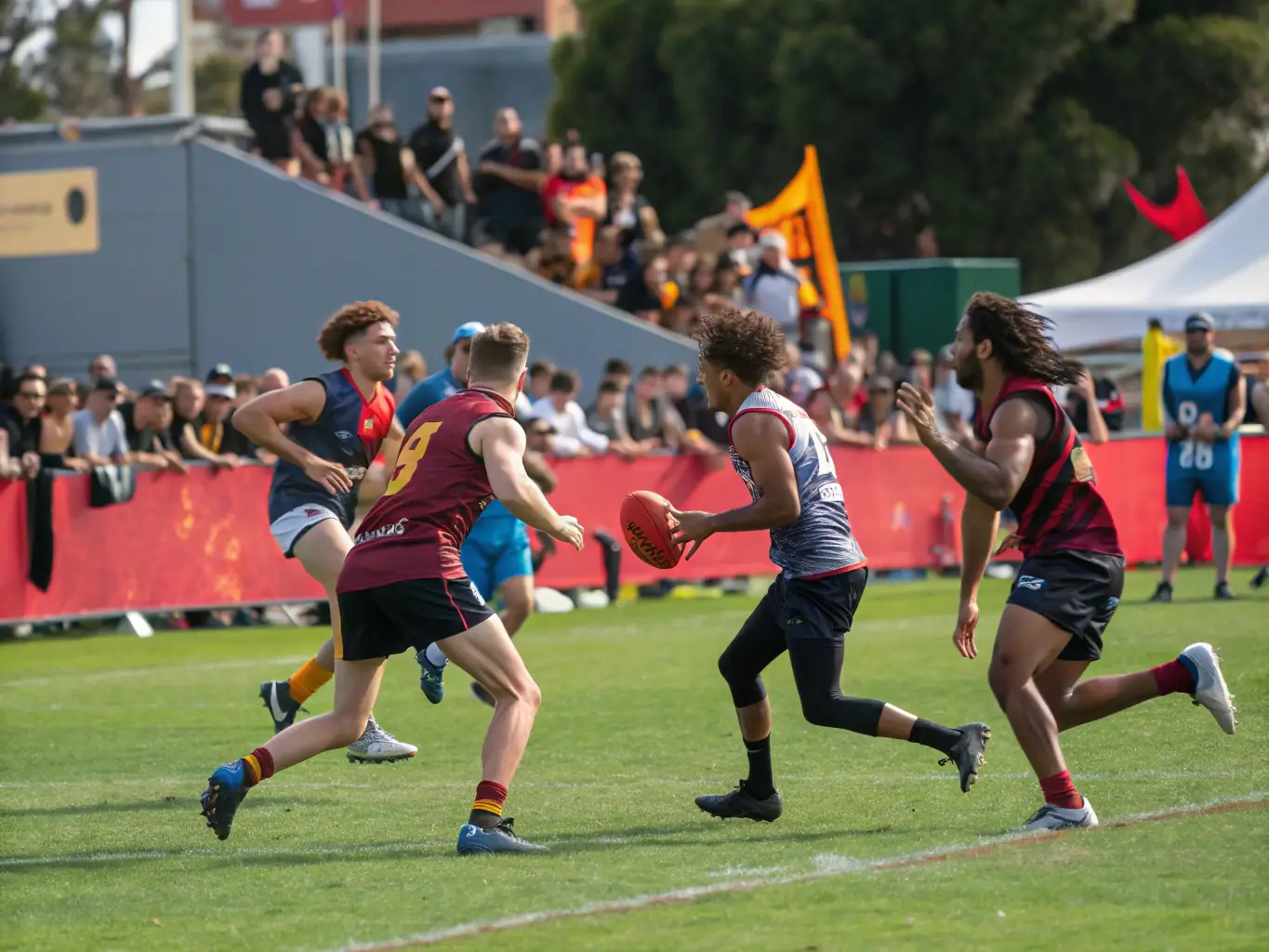 An action shot of players competing passionately during a local football match, with spectators cheering, representing the Community Football Matches.