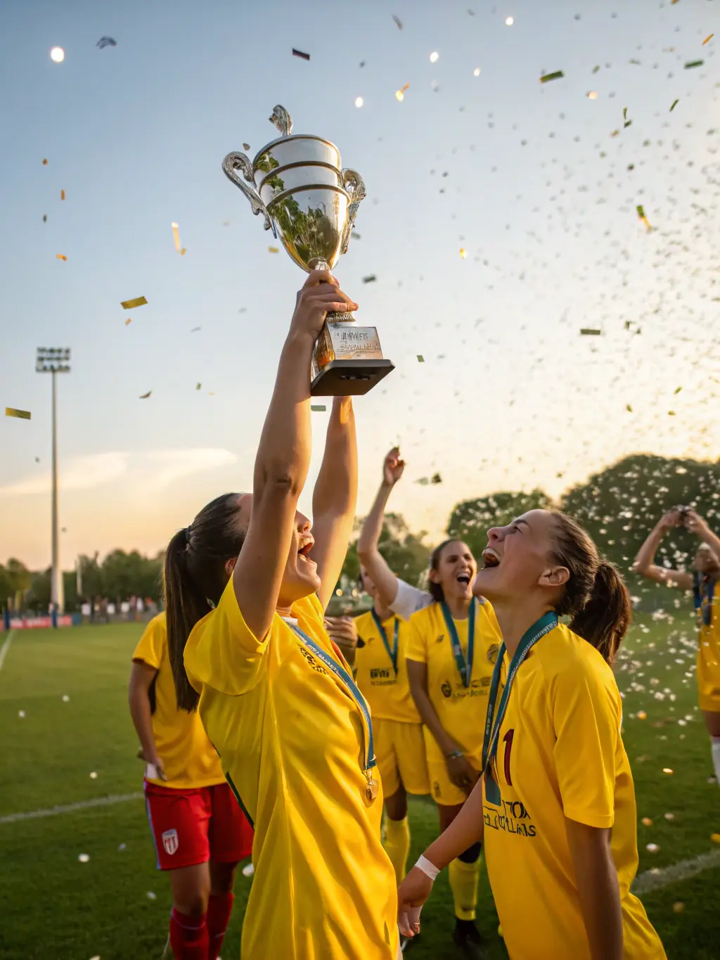 A dynamic image of teams celebrating after winning a match, with trophies and medals displayed, highlighting the Annual Football Competitions.