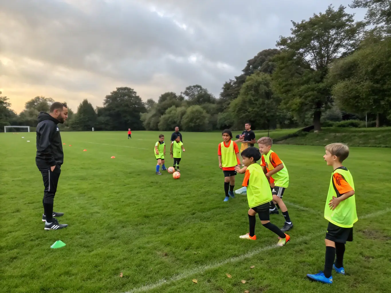 A group of young football players in UNION SPORTIVE LONZACOISE 96 training uniforms are practicing drills on a sunny field, with a coach providing guidance.