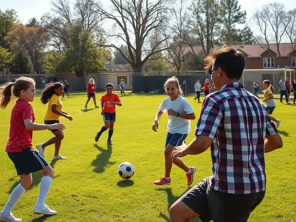 A dynamic shot of a community football match organized by UNION SPORTIVE LONZACOISE 96, showing players of different ages competing and enjoying the game.