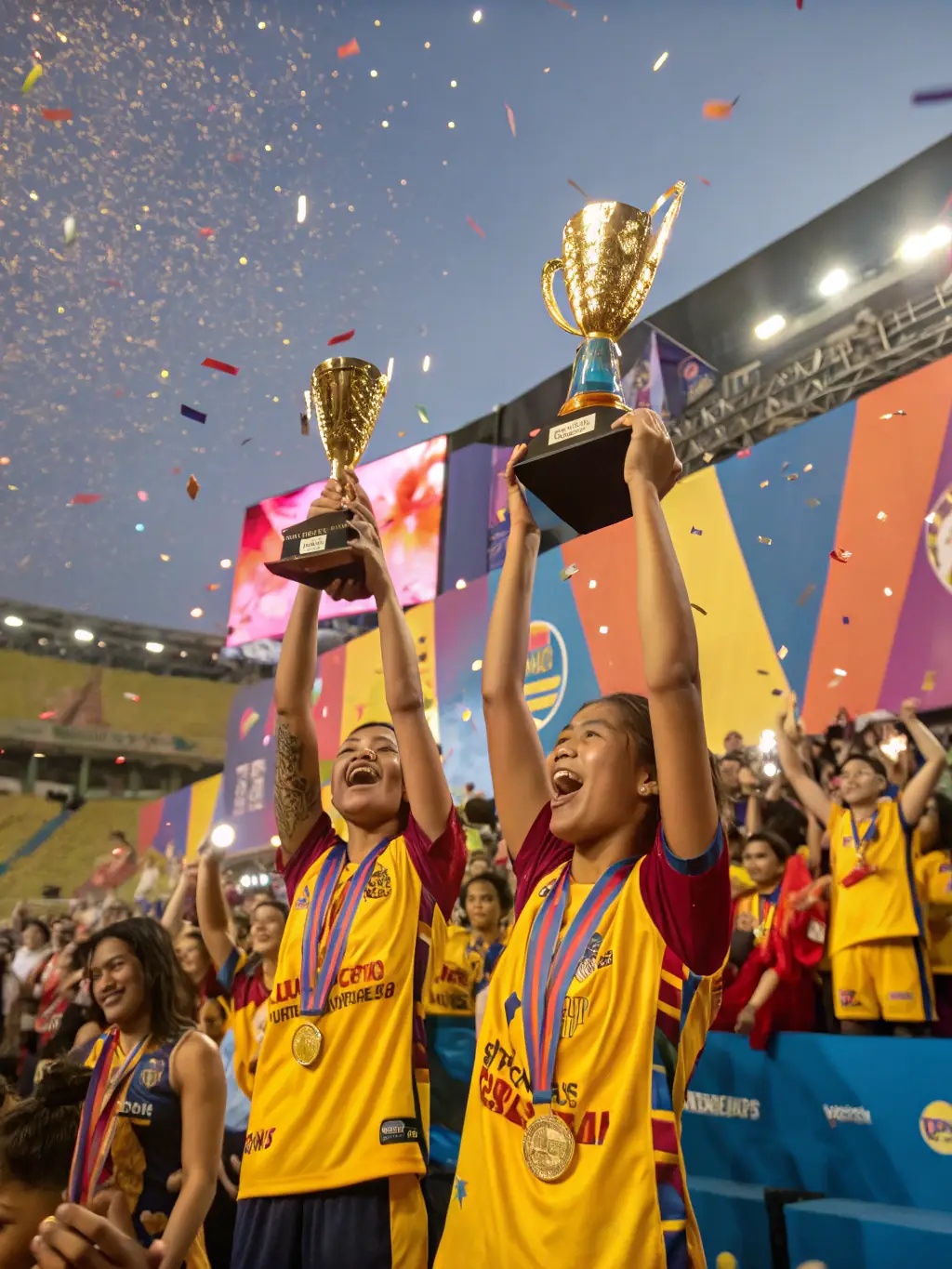 A vibrant image of the awards ceremony at the UNION SPORTIVE LONZACOISE 96 annual football competition, with players celebrating their achievements.