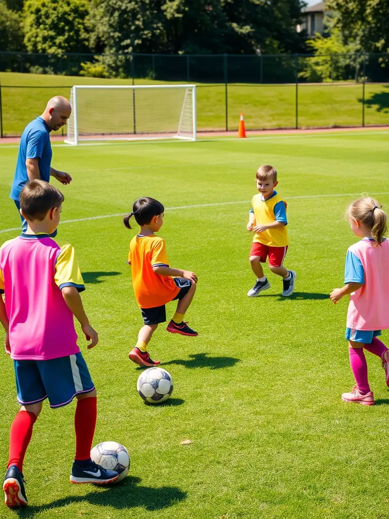 A vibrant image of young players practicing drills on a well-maintained football field, with coaches providing guidance, showcasing the Youth Football Training program.