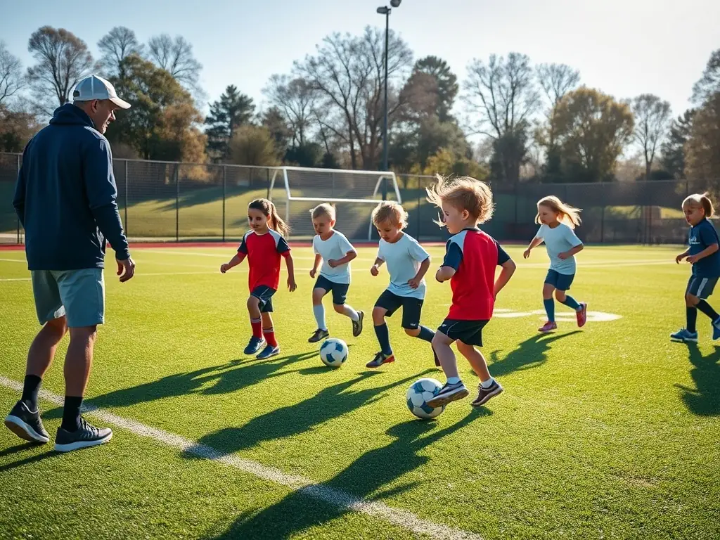 A vibrant image of young players practicing drills on a well-maintained football field, with coaches providing guidance, illustrating the Youth Football Training program.