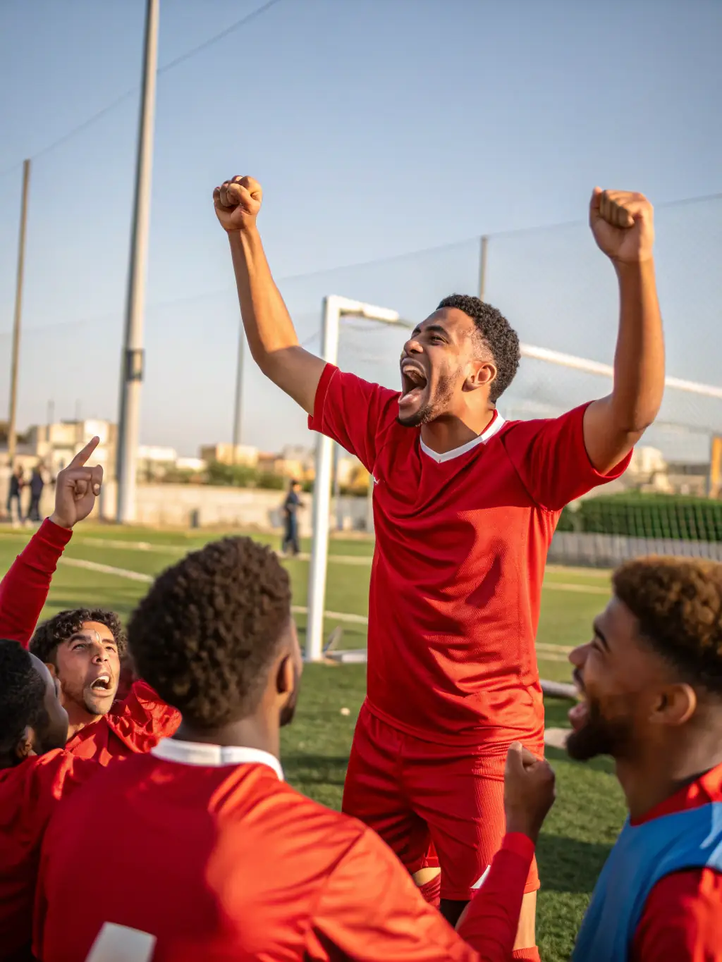 A team celebrating a goal during an annual football competition, highlighting the excitement and competitive spirit of the event.