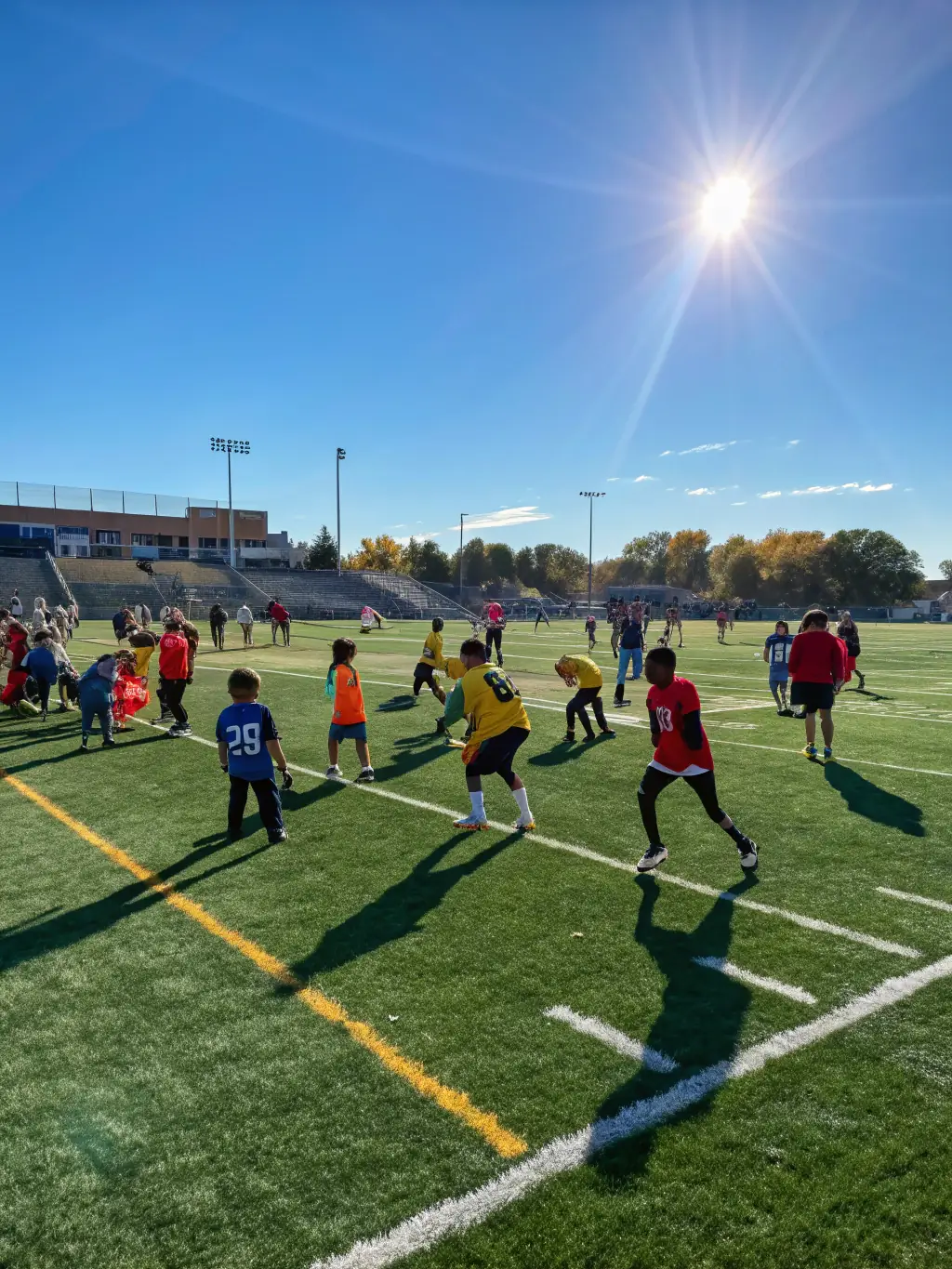 A dynamic shot of a community football match, showcasing players of different ages and skill levels competing in a friendly and spirited game.