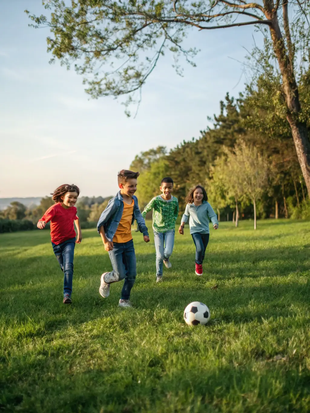 Image of a diverse group of children participating in a football training session, emphasizing inclusivity and fun.